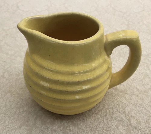 Vintage Beehive Pottery Pitcher, Yellow, 4" tall, Unmarked, BAUER?