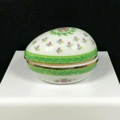 Vintage Pink Floral Trimmed in Green Egg Shaped Porcelain Trinket Box - Japan