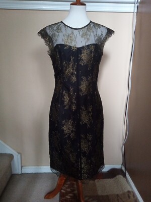 Monique Lhuillier Black Lace Gold Metallic Sheath Party Dress Size 10 | eBay