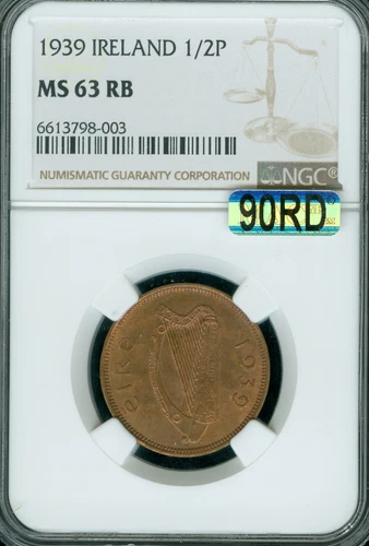 1939 IRELAND HALF PENNY NGC MS63 RB MAC 90RD & SPOTLESS RAREST IN SET *