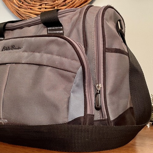 Eddie Bauer Canvas Duffle Bag Travel Diaper Weekender Gray w/ Light Blue Accents - Picture 5 of 19