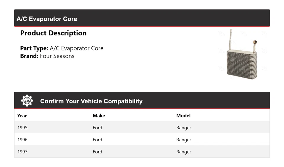 Núcleo evaporador de aire acondicionado Ford Ranger 1995-1997 4 estaciones 1996 Foto 2 de 4