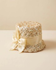 Vintage 1960s Ivory Sequin Lace Bucket Hat Satin Bow Cocktail Hat