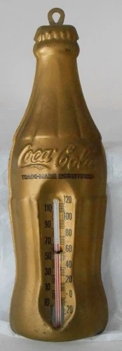 Coca Cola Bottle Shaped Gold Working Metal Thermometer Vintage 7.5"T x 2.25"W