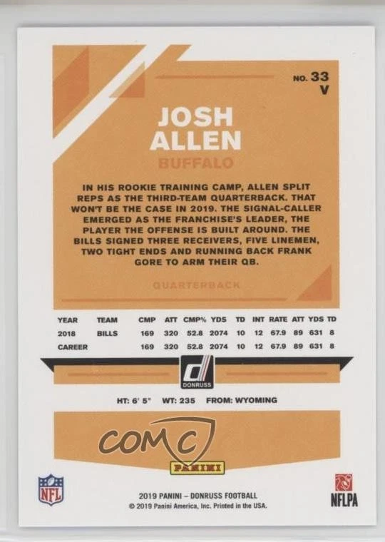 2019 Panini Donruss Photo Variation Press Proof Blue Josh Allen #33V - Image 2 of 2