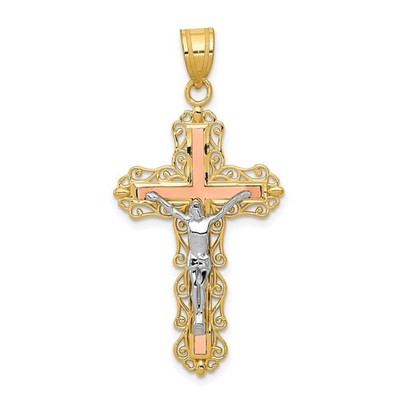 14k Tri-Color Gold Diamantschliff Filigran Kruzifix Anhänger L-1,7 Zoll 2,33gm