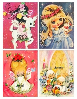 Vintage Christmas 1960's Retro Girl Angels Deer 4x Card Topper -9cm W x 12.2cm H - image 1 of 2