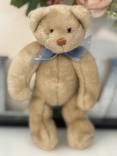 Vintage Cream Teddy Bear 8" Plush Soft Toy Stuffed Animal Blue Bow First Toy