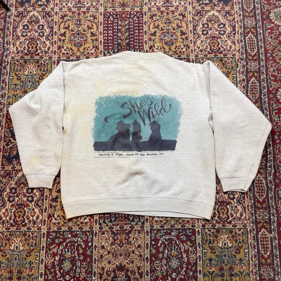 Sudadera University of Oregon Derby Days She's Wild 1990 Vintage XL Gris Foto 2 de 4