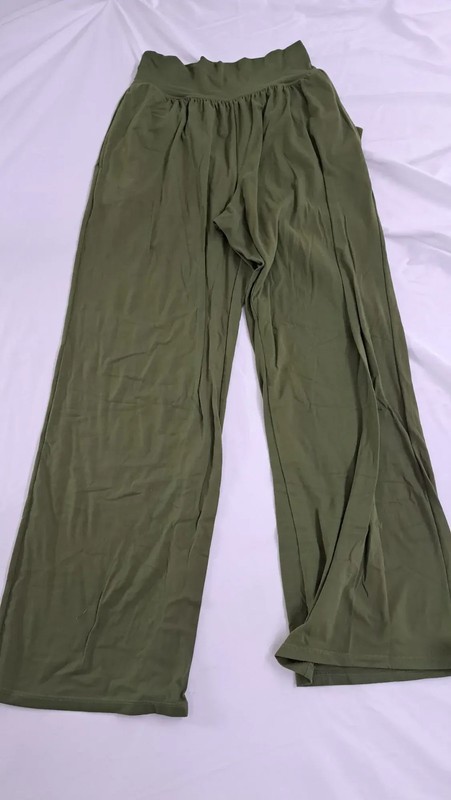Women's Olive Green Wide Leg Pants L Elastic Waist 80% Nylon 20% Spandex
