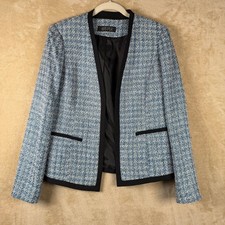 Kasper Women's Blue White Tweed Collarless Black Piping Open Front Blazer Size 6