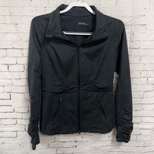 Zella Womens Zip Up Athletic Jacket Gray Charcoal Ruched Thumbhole M Medium