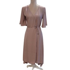 Lulus Mauve Pink Triangle Polka Dot Wrap Dress Flutter Sleeve Midi Small Hi lo