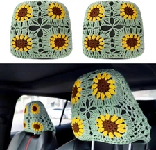 2PCS Boho Crochet Car Headrest Covers – Sunflower Design, Universal Fit