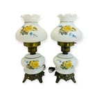 PAIR SET 2 VINTAGE GONE WITH THE WIND HURRICANE LAMPS MILK GLASS FLORAL “”READ””