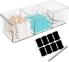 Square Qtip Holder, 3 Compartments Cotton Ball Holder, Box with Lid in Bathroom,