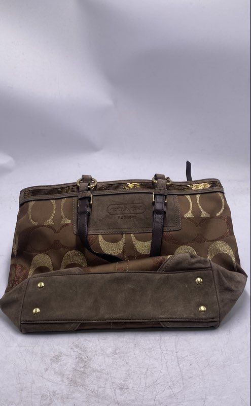 Coach Womens Brown Suede Signature Jacquard Metallic Inner Pockets Tote Bag