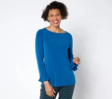 Susan Graver Liquid Knit Flutter Bracelet-Sleeve Top Beaming Blue XXS New