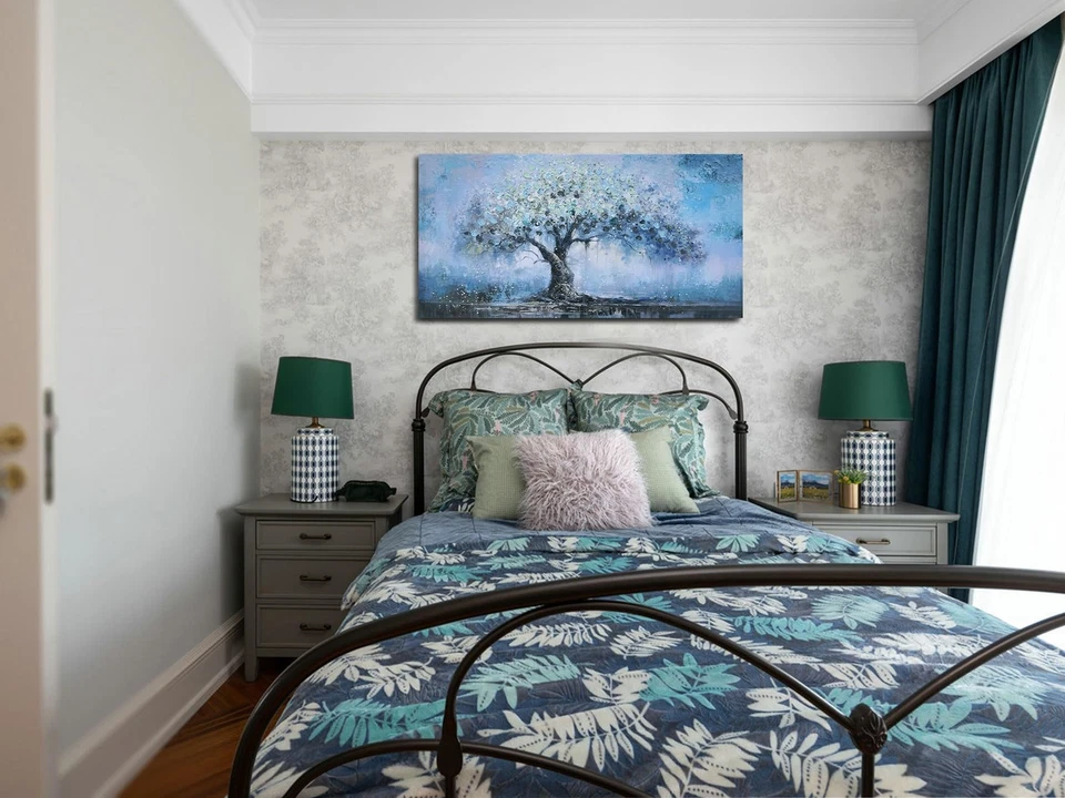 Arte de pared de árbol verde azulado para sala de estar, obra de arte azul naturaleza pintura abstracta en lienzo... Foto 4 de 4