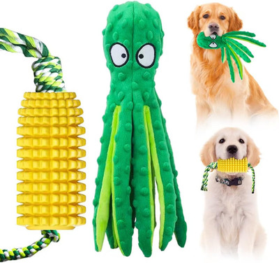 Interactive Dog Toy Bundle - Durable Corn Rubber Chew Toy & Squeaky Octopus Plus