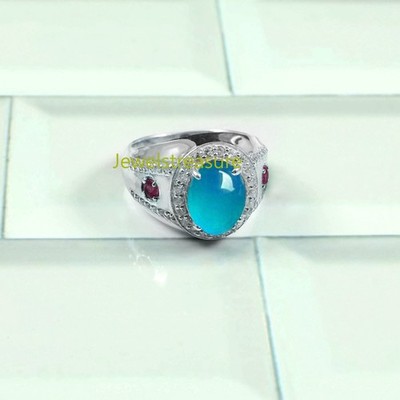 Natural Chalcedony Garnet & CZ Gemstones 925 Sterling Silver Ring for Men's #455