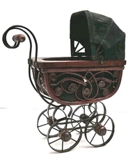 Vintage Wicker Rattan Baby Doll Buggy Canopy Metal Spoked Wooden Wheels 12"