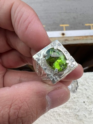 Natural Peridot Gemstone 14k White Gold Ring For Men's Gift #1261 - Picture 3 of 7