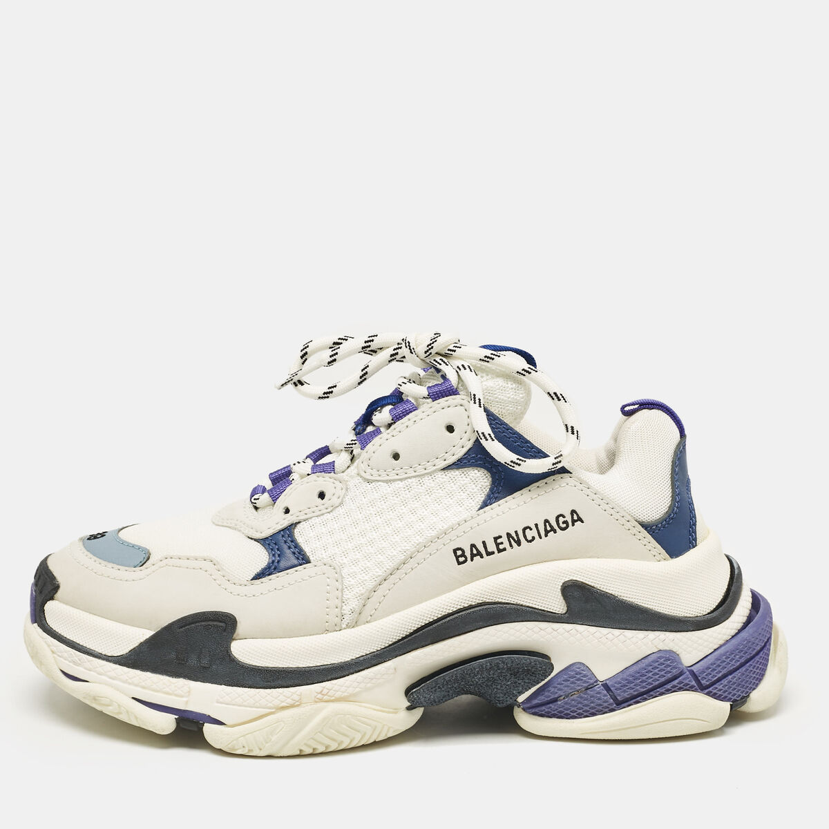 Balenciaga White/Blue Mesh and Leather Triple S Sneakers Balenciaga White/Blue Mesh and Leather Triple S Sneakers