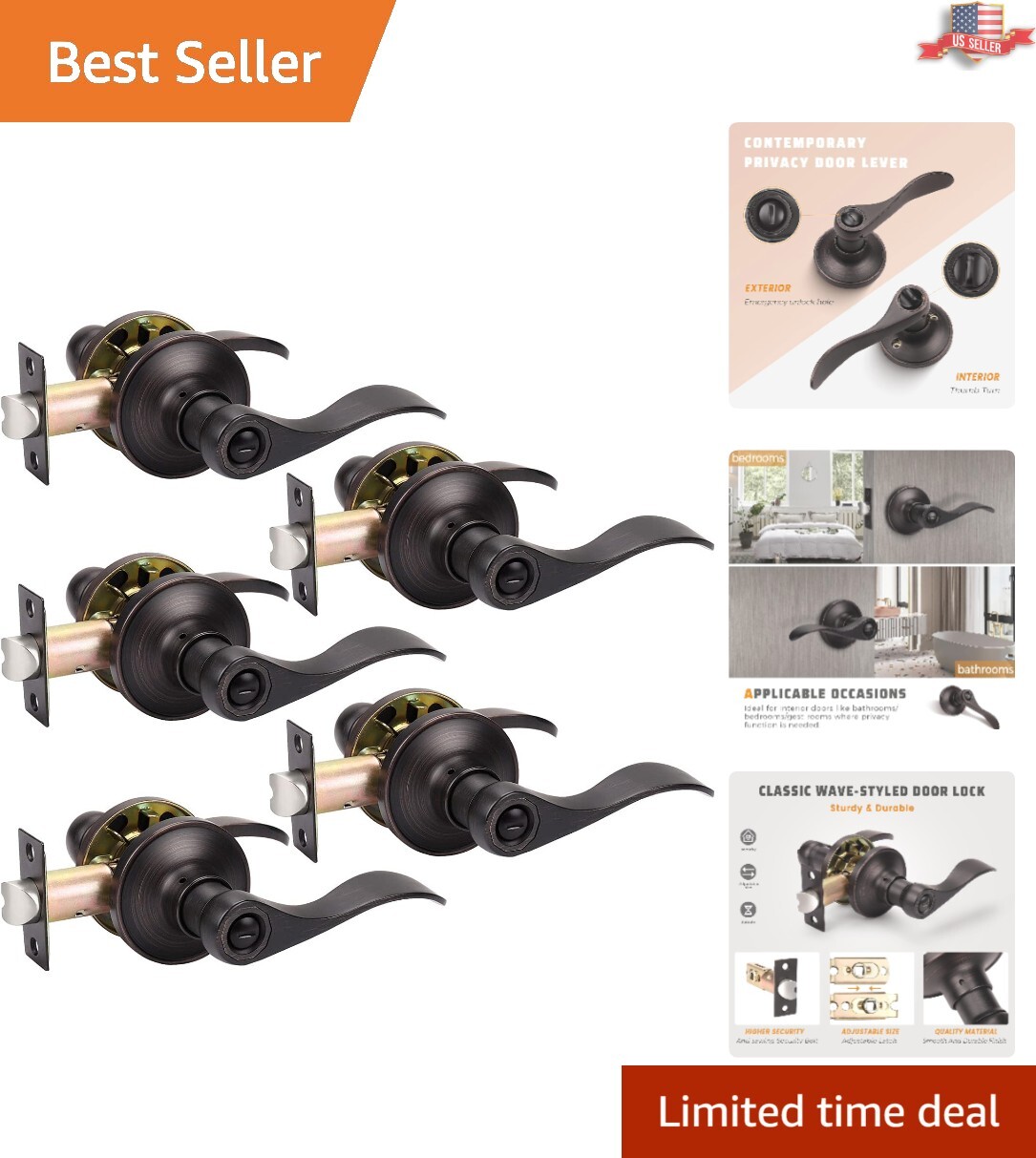 Elegant Bronze Wave Design Privacy Door Handles - 5 Pack Durable Set-image