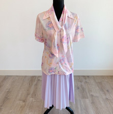 Vintage Sodi Miami Florida Two Piece Floral Shirt Scarf Pleated Purple Skirt 14