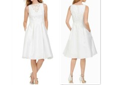 Adrianna Papell Lace Pleated Midi Cocktail Dress / Wedding Dress/ size 4/White