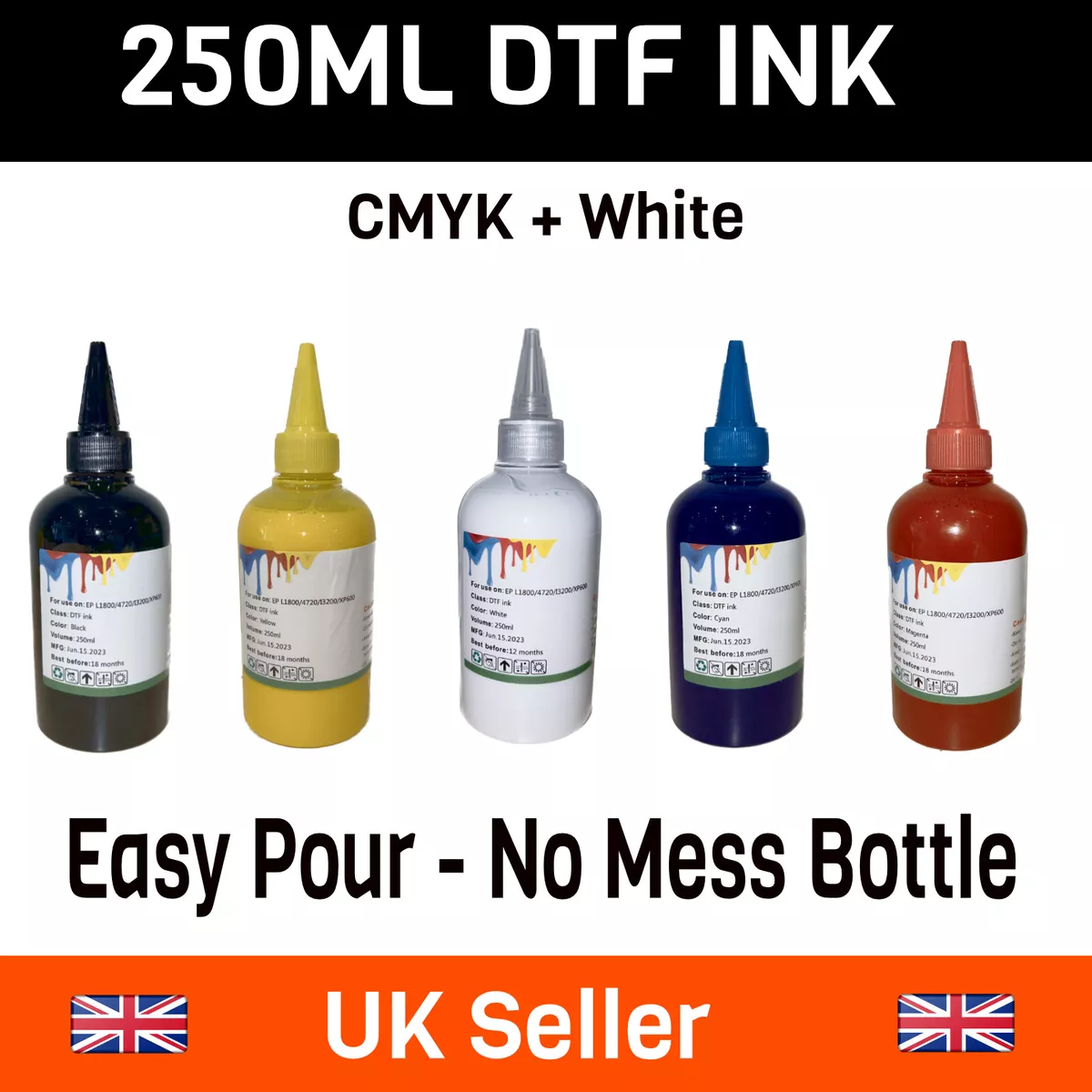 DTF ink 250ml CMYK White for Direct to film printers UK DTF ink Supplier