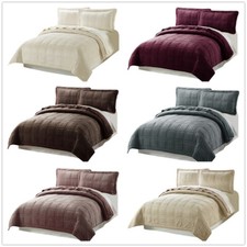 3-Piece Micromink Box Quilted Bedspread Set King Size with Pillow Sham Soft Cozy