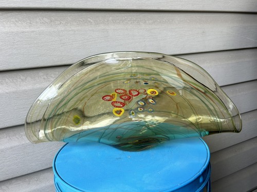 MCM Millefiori Amber Yellow Fan Folded Art Glass Centerpiece Bowl 15" Retro