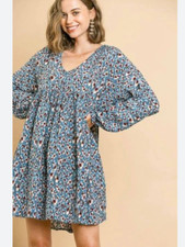 Umgee Teal Animal Print Empire Waist Boho Puff Sleeve Babydoll Dress Small