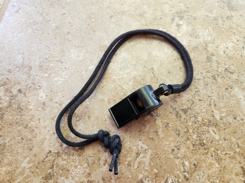 2006 Dtd. USGI LCI Tactical Survival Plastic Whistle w Cord Black