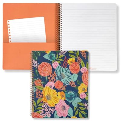 Steel Mill & Co Cute Large Spiral Notebook College Ruled, Garden Blooms (Navy)