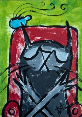 ACEO Quadro Originale Gatto Nero "Caffè Rilassante" Samantha McLean (2,5x3,5in.)