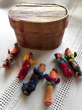 Vintage Original 6 Guatemalan Worry Dolls Miniature in Handmade Painted Wood Box