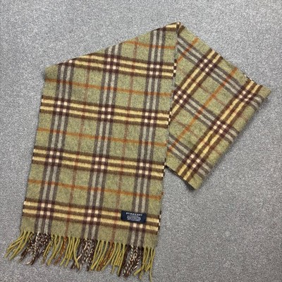 Burberry London Scarf 64x12 Inches Green 100% Lambswool Nova Check
