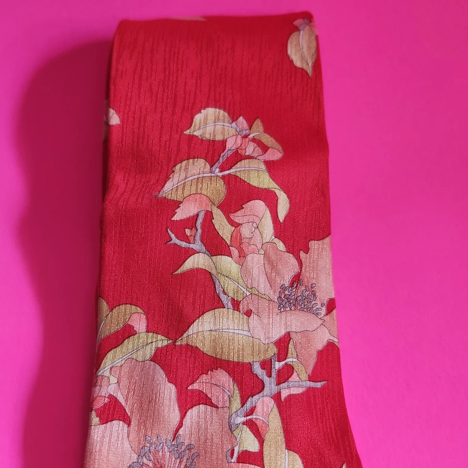 Corbata vintage años 70 LEONARD PARIS seda rojo melocotón estampado floral ITALIA rama de madera de perro Foto 3 de 4