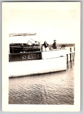 Vtg B&W Snapshot Man And Woman On Boat 1940s