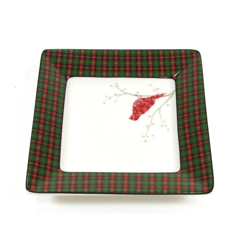 222 Fifth CHRISTMAS BIRDS - PLAID 5" Appetizer Plate Set 4 Square Red Green Mint - Picture 10 of 15