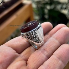 Authentic Yemeni Aqeeq Ring Oval Red Natural Agate Handmade Elegant Design