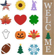 Interchangeable Wooden Porch Welcome Sign with 12 Interchangeable Icons 45"X9" L