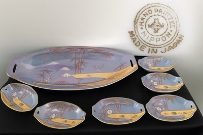 Antique Nippon Lavender Lusterware Relish Celery Dish & 6 Trays Mt Fuji Bamboo