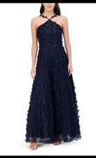 Eliza JSequin, 3D Flower Ball  Black Gown,sz 14,New, No Defects