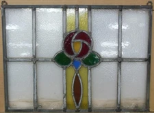 ROSE OLD ENGLISH LEADED STAINED GLASS WINDOW Unframed w Hooks 16.75" X 12.25"