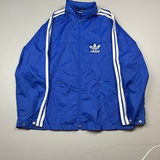 Adidas Windbreaker Jacket Mens L Blue Vintage Trefoil 3-Stripe Packable Hood 80s