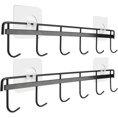 Wall Mount Hooks Adhesive, Space Saving Utensil Holder, 6 Hooks, Black